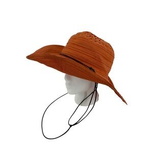 Scala Collection Burnt Orange Pleated Ribbon Wide Brim Sun Hat with Chin Strap